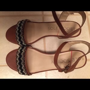 Embellished camel sandal sz9